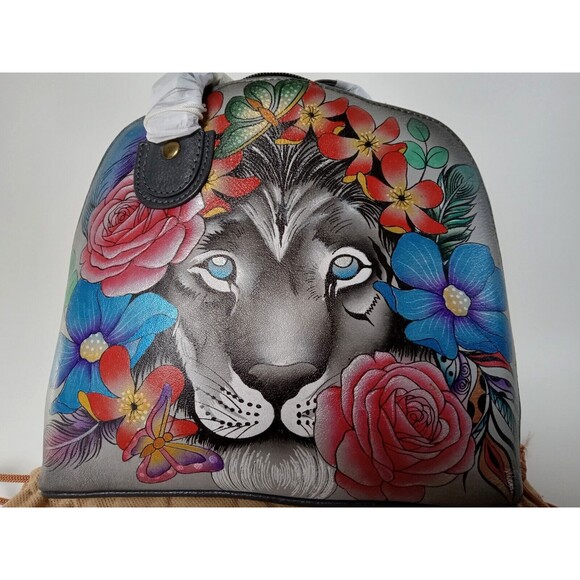 NWT Anna by Anuschka Hand-Painted Leather Lion In Flowers Domed Crossbody Bag - Picture 8 of 16
